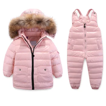 

Kids Girls Boys White Duck Down Coat Overalls Set Winter Clothing Set Warm Windproof Snowsuit Fur Toddler Children Ski Suit W10