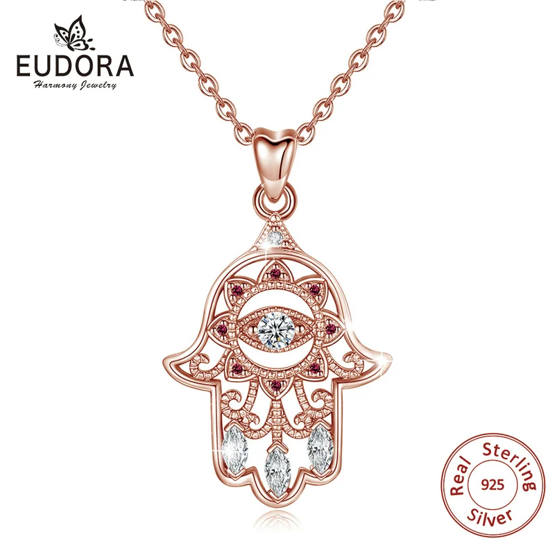 Ожерелье EUDORA Eye, настоящее 925 пробы, серебро, циркон, Хамса, рука Фатимы, розовое золото, женский фиолетовый CZ кулон, хорошее ювелирное изделие, CYD335R