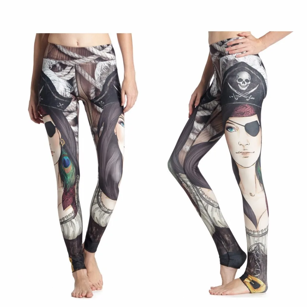 

New Arrival Women Ninth Yoga Pants Pirate Print Fitness Sports Leggings Spandex Running Ninth Pants Breathable Elastic Tights