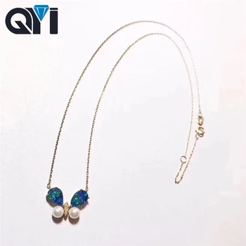 

QYI Colored gemstone pendant 18K Yellow Gold Akoya Pearl Butterfly Necklace Natural Blue Opal gifted for Women Gift Link Chain
