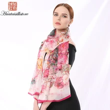 

2018 Flower Print Chiffon Shawl 100% Silk Scarf Luxury Brand Thin Chiffon Women Scarves Pink Floral Print Pashmina Bandana