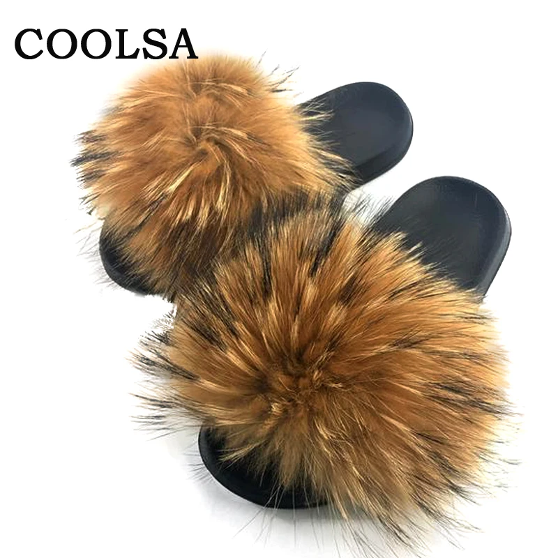 Coolsa новый летний Для женщин лиса Мех животных Шлёпанцы для пушистый