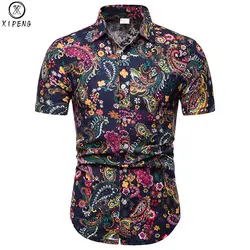 Лето 2019 г. Новая мода с цветочным принтом рубашки короткими рукавами для мужчин camisa мужской тонкий Гавайские рубашки Винтаж Лен