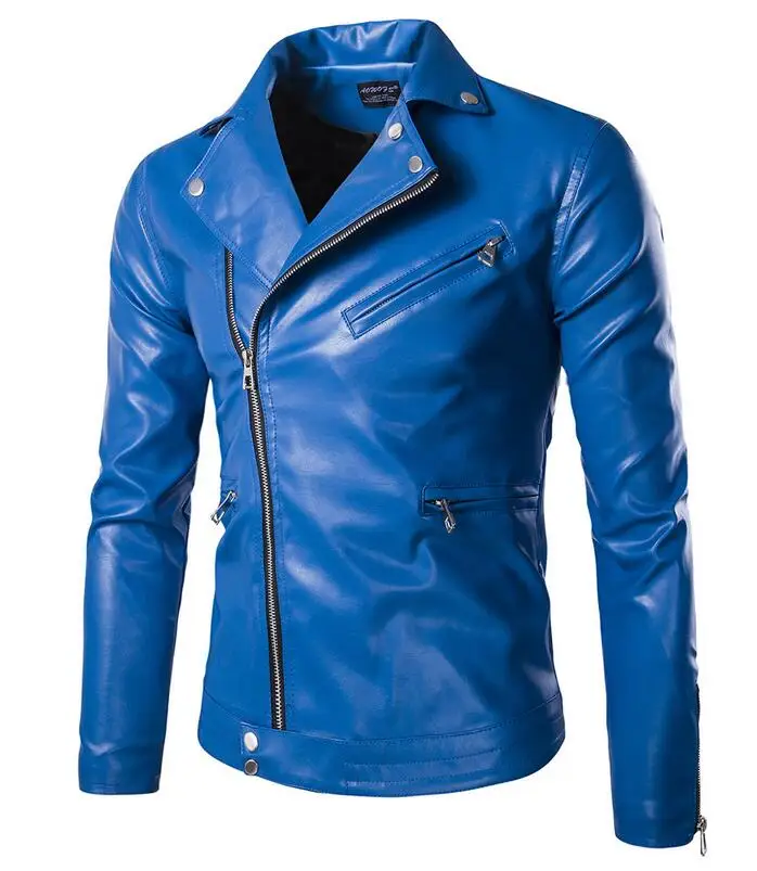 Высококачественные мужские тонкие синие кожаные куртки в стиле панк, кожаная куртка, осенняя новинка, Мужская косая молния, пальто из искусственной кожи, Размер 5XL - Цвет: Blue