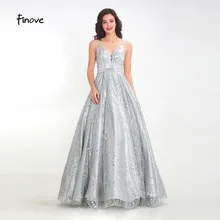 Finove, новинка, платье для выпускного вечера, длинное,, сексуальное, серое, v-образный вырез, на бретельках, открытая спина, кристаллы, тюль, с блестками, длина до пола, женские платья для вечеринок