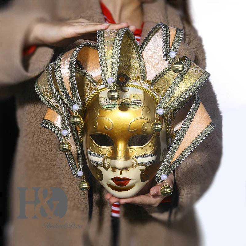 H& D Gold Volto Смола Музыка Венецианский Шут маска полное лицо Маскарад колокольчик Джокер настенное художественное украшение коллекция