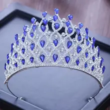 Роскошный Винтажный серебряный Тиара синий красный свадебный венец со стразами для невесты аксессуары для волос королевская Большая Корона Свадебные украшения для волос
