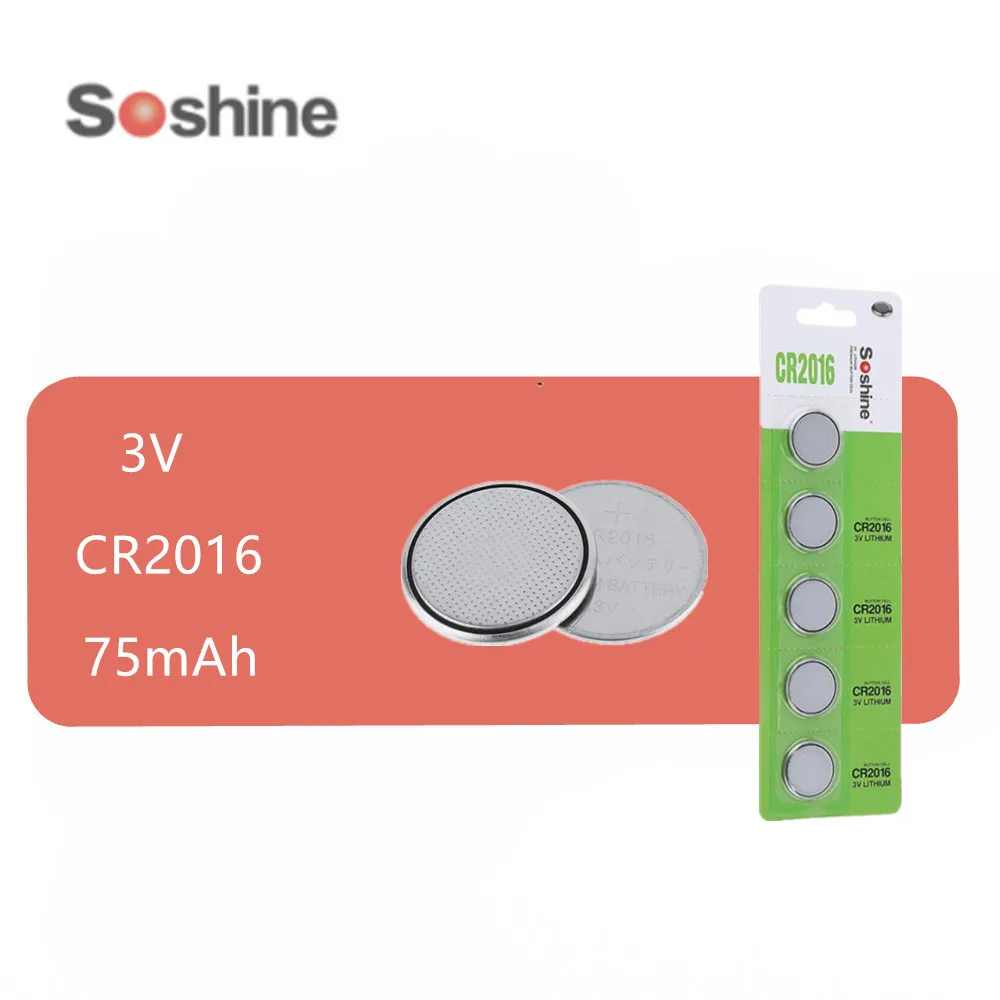 5 pcs/pack original SOSHINE CR2016 75mAh Button Cell Li-ion Lithium Battery 3v (1 Pack of 5) for Watch / Toy Calculator | Электроника