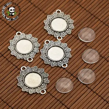 

Tibetan Style Alloy Flower Connector Cabochon Bezel Settings and Flat Round Transparent Glass Cabochons, Antique Silver, Tray: