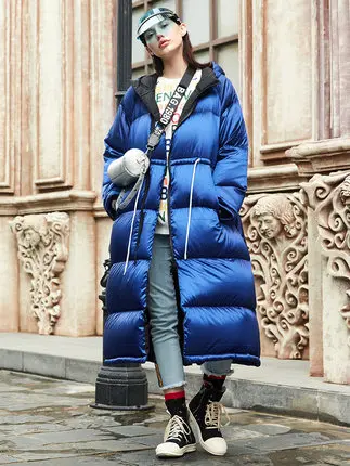 Зимняя и осенняя Женская куртка на белом утином пуху, длинный пуховик, теплые и модные парки, Толстая Женская и Повседневная теплая одежда для девушек - Цвет: Синий