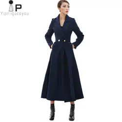 Длинное зимнее пальто Для женщин Шерстяное пальто корейский новый большие размеры; черный двубортный женский пальто теплая куртка Для