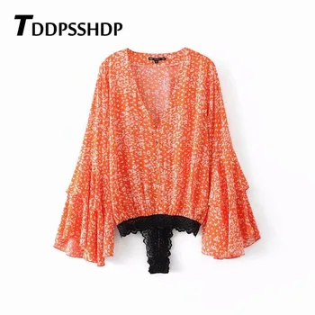 

Little Flower Printing Orange Color Women Jumpsuit 2019 Spring Long Sleeve V Neck Female Bodysuit