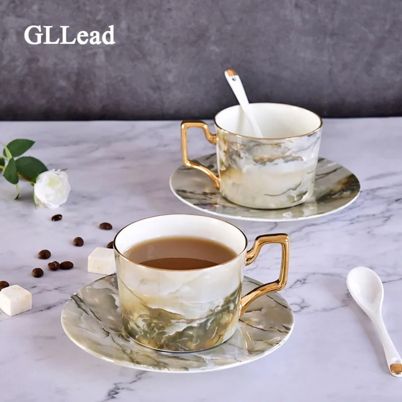 Креативная керамическая чашка GLLead с мраморной глазурью и блюдцем костяной