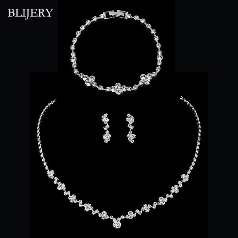 

BLIJERY Fashion Simple Bridesmaid Bridal Jewelry Set Crystal Choker Necklace Earrings Bracelet Set for Women Wedding Jewelry Set