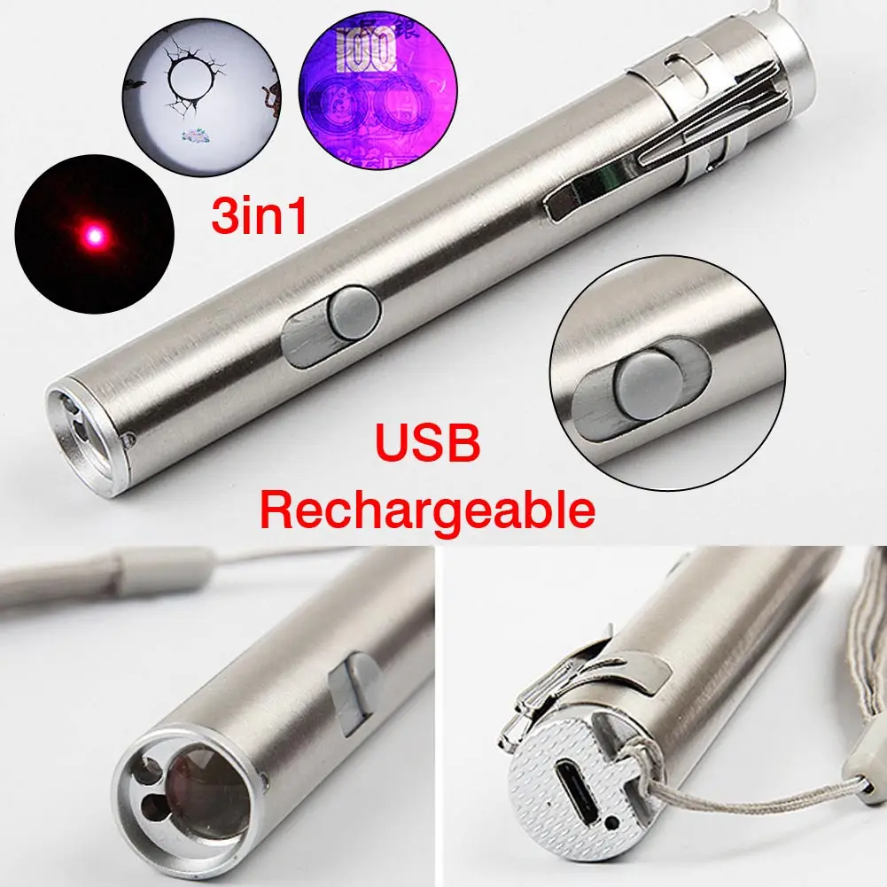 Enjoydeal 3в1 USB светодиодный фонарик перезаряжаемый лазерный УФ ручка-фонарик тактический фонарик лампа многофункциональная для активного отдыха