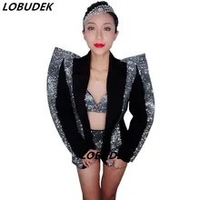 Ночной клуб для женщин DJ Singer Современная Танцевальная футболка бодибилдера Вечерние торжества Главная сцена Одежда Серебристый бюстгальтер со стразами короткая куртка комплект