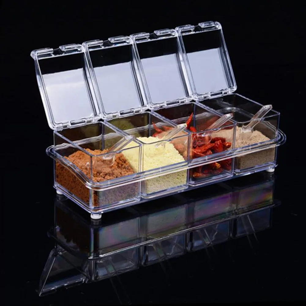 Clear Seasoning Rack Spice Pots - 4 Piece Acrylic Seasoning Box - Storage Container Condiment Jars - Cruet with Cover and Spoon
