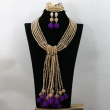 Luxury Champagne African Bead Jewelry Set Purple Ball Arabic Indian Bridal Jewelry Sets Free Shipping QW580