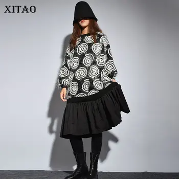 

[XITAO] Patchwork Fashion Women 2018 Winter Loose O-neck Full Sleeve Dress Female Ruffles Patchwork Knee-length Dress ZLL2434