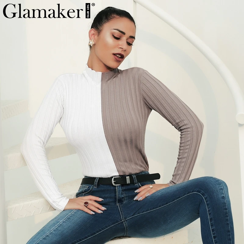 Glamaker Sexy white grey patchwork sweater shirt Women autumn winter turtle neck jumper sweater Party casual combine sweater top Sweaters