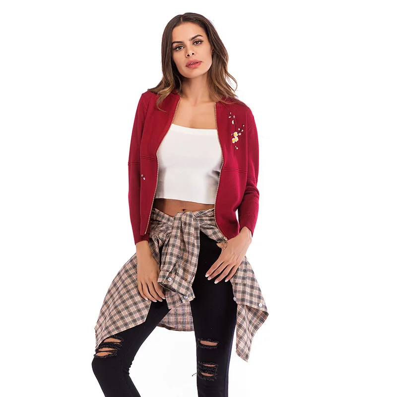 

2019 Autumn And Winter New European And American Women's Embroidery Small Flower Zipper Knit Cardigan Slim Thin Coat Jacket