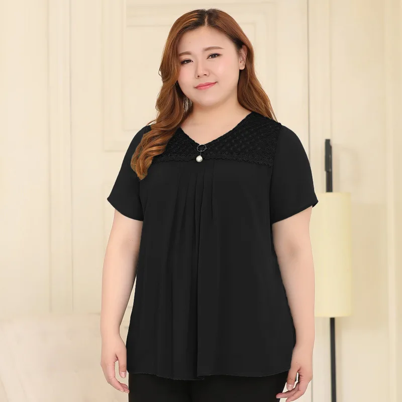 TUHAO рубашка большого размера шифоновая блузка повседневная короткая рубашка драпировка бисер блузки для мам размера плюс 10XL 8XL 6XL женские блузки MS31 - Цвет: Черный