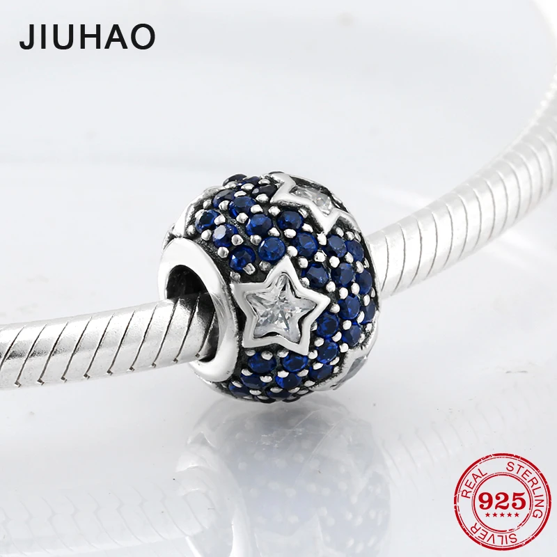 

Fashion luxury 925 Sterling Silver white Five-pointed star and blue CZ beads Fit Original Pandora Charm Bracelet Jewelry making