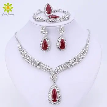 

Fashion Crystal Silver Plated Necklace Collar Jewelry Sets For Women Party Accessories African Beads Earrings Bracelet Ring Set