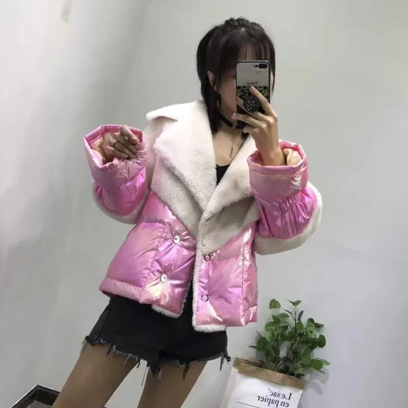 women winter clothing duck down jacket Suit collar 2019 korean harajuku real sheep fur coat wool fur parka patchwork coats