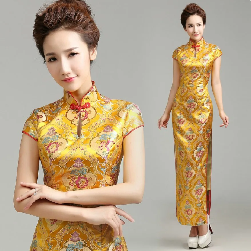 Satin embroidery Gold cheongsam dresses long banquet ritual dresses