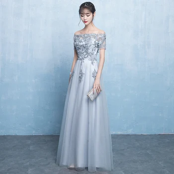 

Gray Blue Elegant Lady Mesh Chiffon Lace Banquet Cheongsam A-line High Quality Off Shoulder Wedding Dress For Women Vestidos