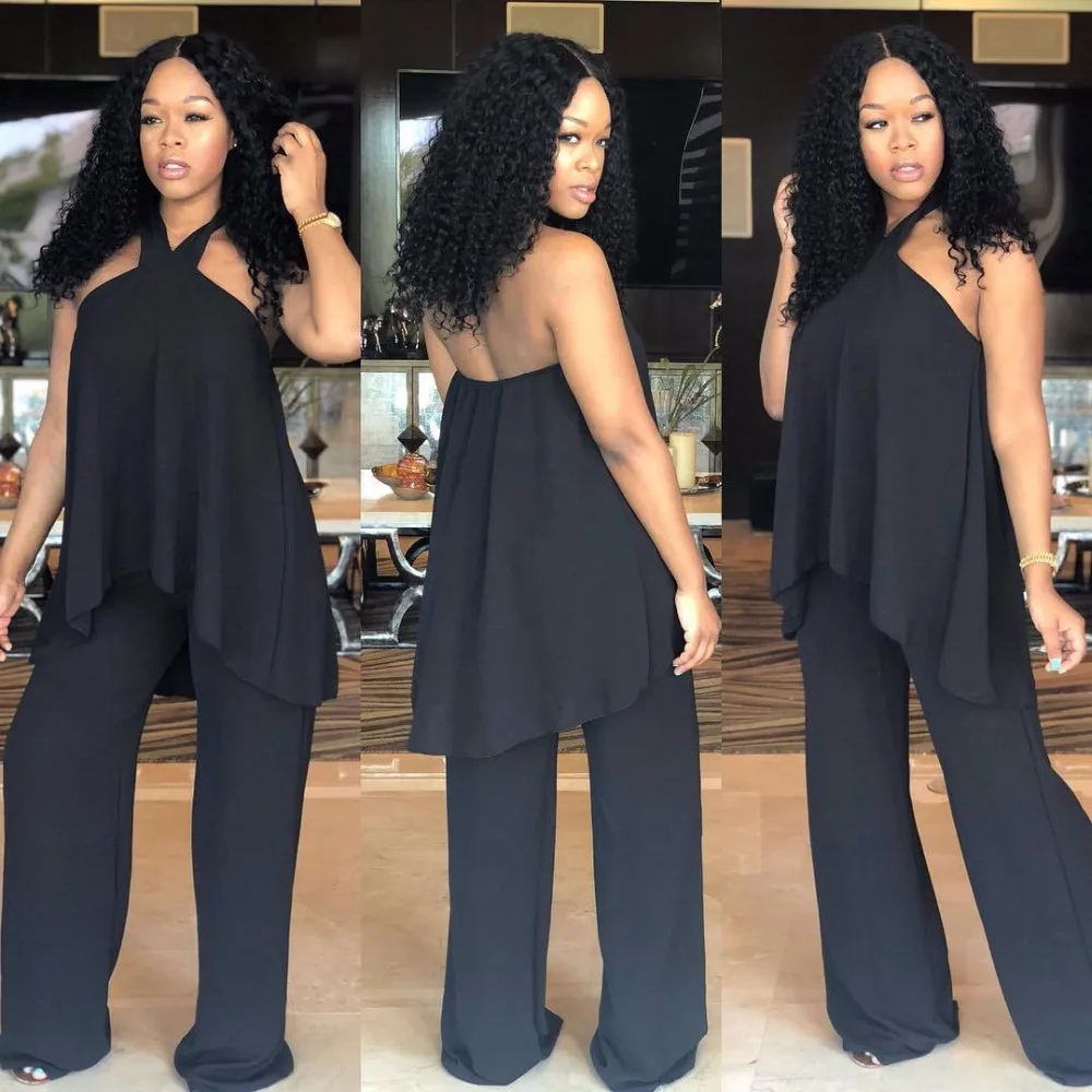 Black Loose 2 Piece Set Woman Halter Collar Sleeveless Backless Front Short Back Short Top And Lady Wide Leg Trousers YT3032
