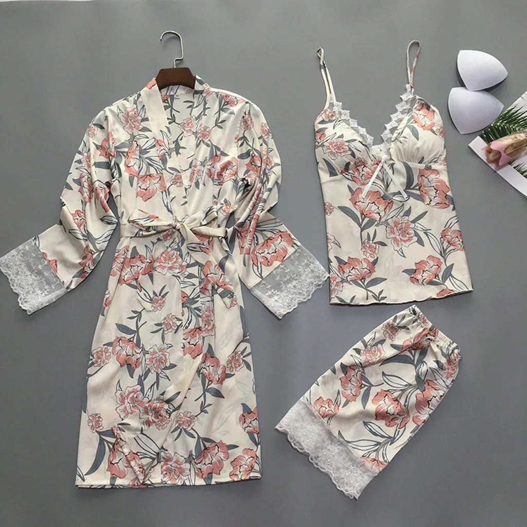 

2019 Women BathRobe Sets Long Sleeve Spring Summer Night Robe Set Print Lace Sleepwear Femme Pajamas Sleep Beach Spa Nightgown