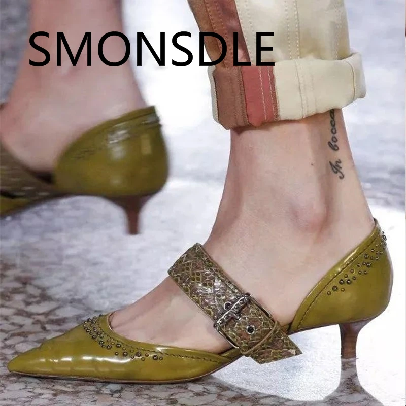 

2018 Fashion New Women Shoes Genuine Leather Low Heels Buckle Strap Pointed Toe Woman Pumps Metal Shallow Ladies Shoes Pumps
