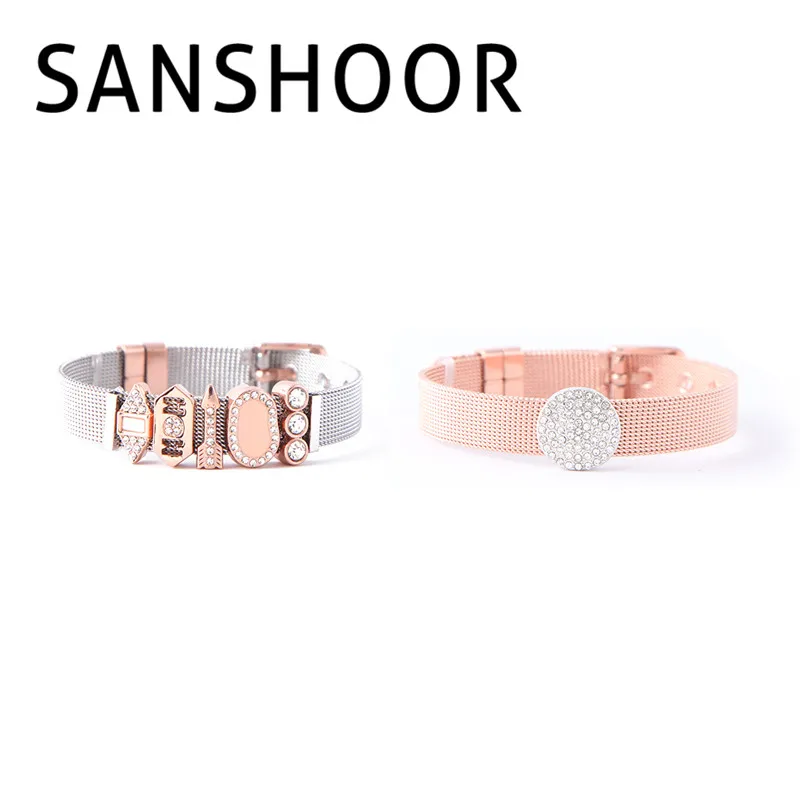 

SANSHOOR Keys Bracelet Set with DIY Slide Charms and silver rose gold Stainless steel Mesh Bracelet as Mother Gift