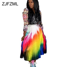 Градиент цвета радуги Сексуальные вечерние юбки Женская мода Высокая талия свободная плиссированная юбка Уличная Новая женская юбка до середины икры