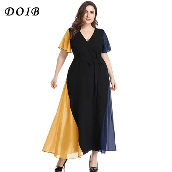 

DOIB Plus Size Chiffon Dresses Contrast Patchwork Color Maxi Ruffle Short Sleeve Lace Up Sashes Long Dress XL 2XL 3XL 4XL 5XL