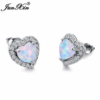 

JUNXIN Female Small Heart Stud Earrings White Gold/Rose Gold Color Opal Earrings For Women Vintage Wedding Jewelry