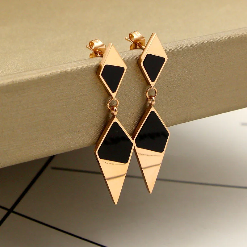 Fashion Stainless Steel Double Rhombus Drop Earrings Black Love Rivet