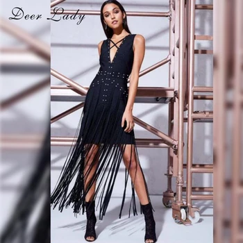 

Deer Lady Sexy Party Dress 2019 Black Bodycon Tassel Dress Clubwear V Neck Summer Bandage Dresses Long