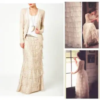 

New Fashion Womens Casual Lace High Elastic Waist Flowy Pleated A Line Boho Long Maxi Skirt