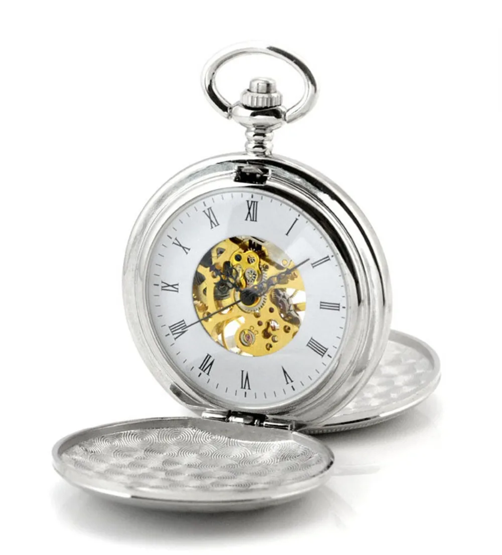 

Fashion Man And Women Personality Double Open Silver White Color Pocket Watch Casual Hollow Machaincal Pocket Watches