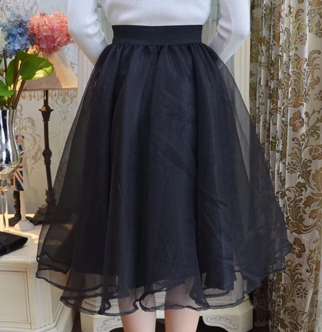 Black Pink Tulle High Waist Bow Midi Skirt