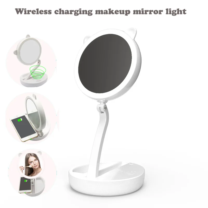 

5X Foldable Double Sided Cosmetic LED Makeup Mirror USB/Battery Powered Wireless Charger for Phone