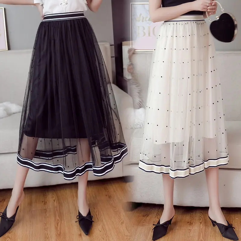 Весенне-летние юбки женская черная сетчатая юбка в горошек Женская эластичная высокая талия линия до середины икры миди длинная Плиссированная юбка
