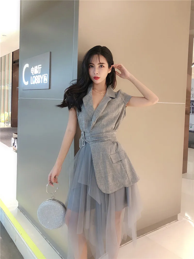 fashion women dresses gray sheer mesh patchwork notched collar Short sleeve a-line bohemian Midi dress