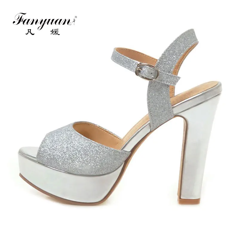 

Fanyuan Gold/Silver bride Wedding high heel Ankle strap Glitter Sandals Summer women Platform Sandals sexy Peep toe Thick Heels