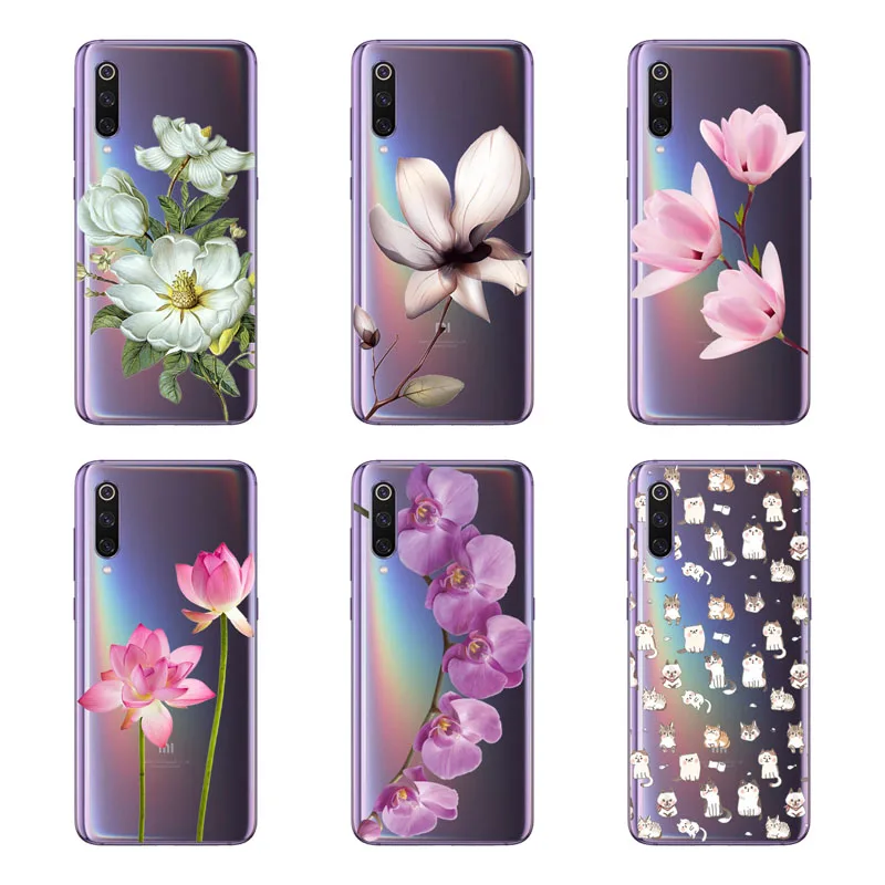 Xiaomi Mi 9 Case,Silicon Black Painting Flower Soft TPU Back Cover for Xiaomi Mi 9 SE Protect Phone Cases Shell