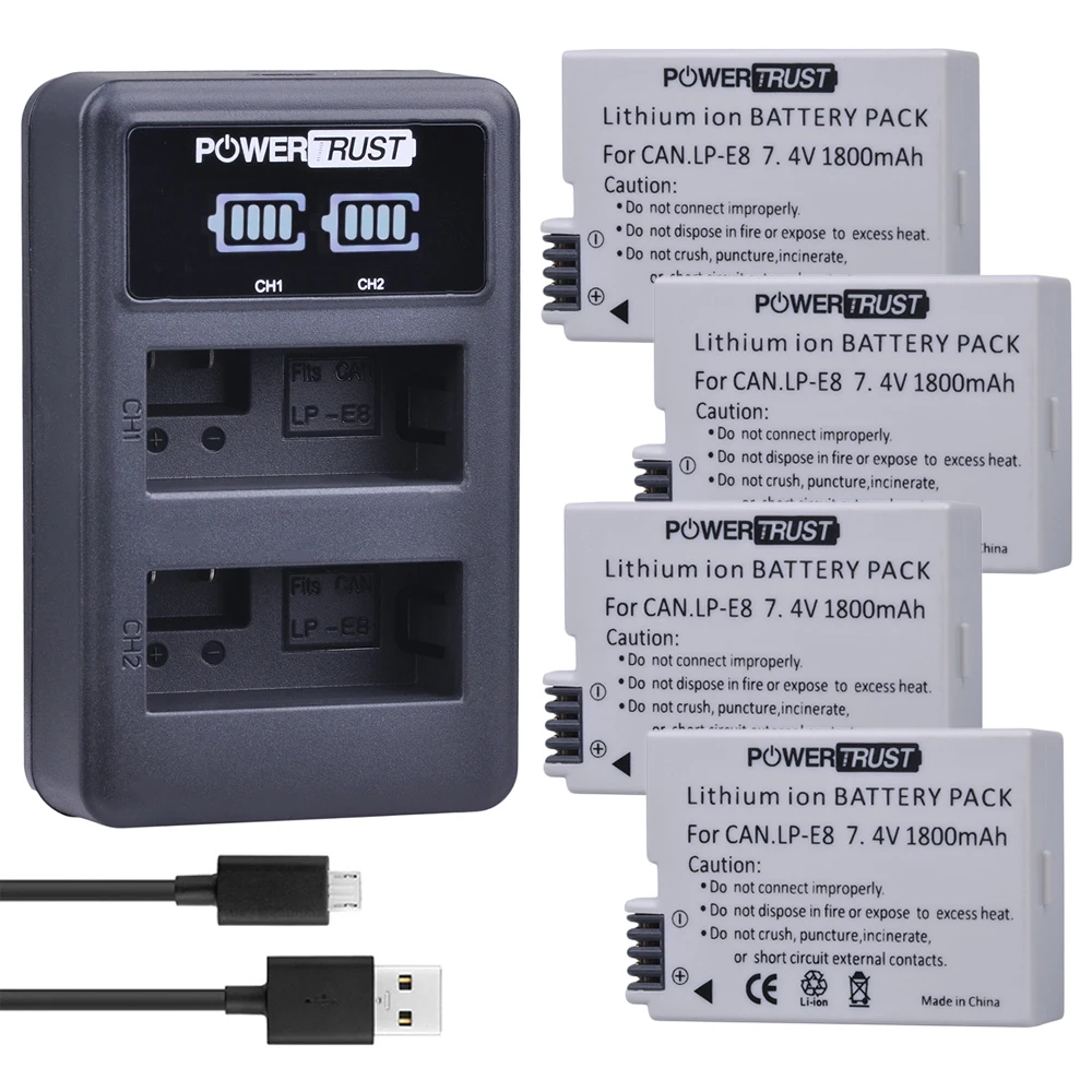 

Powertrust 4Pcs 1800mAh LPE8 LP-E8 LP E8 Battery + LED USB Dual Charger For Canon EOS 550D 600D 650D 700D X4 X5 X6i X7i T2i T3i