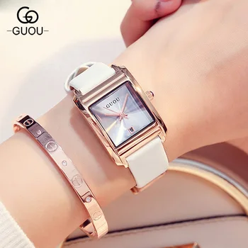 

2018 Fashion GUOU Brand Simple Style Rose Gold Rectangle Dial Leather Women' Female' Quartz Wrist Watch Gift High Quality